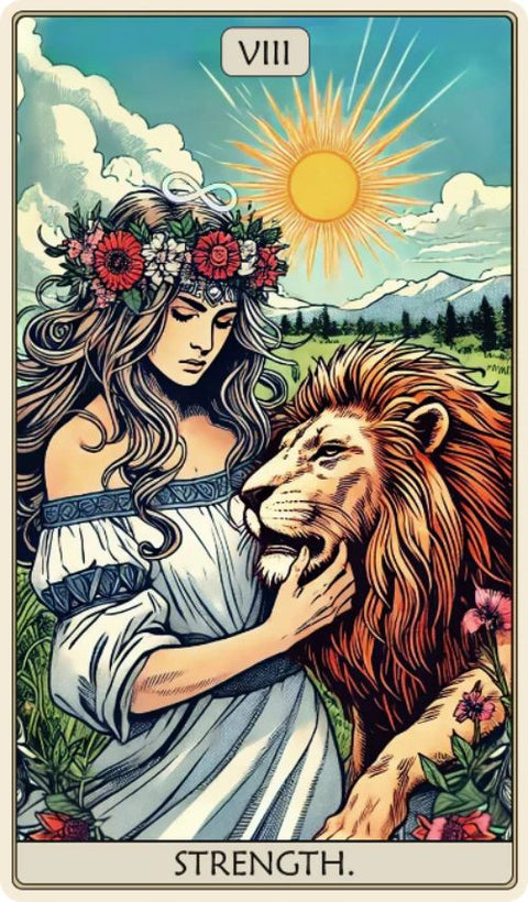 Stiprybės tarot korta, moteris vainike glosto liūtą prie ryškios saulės, pastelinės žemės spalvos, vertikalus dizainas