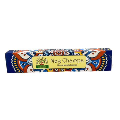 Nag Champa smilkalai Namaste India tradicinė masala pakuotė, ilga ryškiai mėlyna dėžutė su priekine etikete