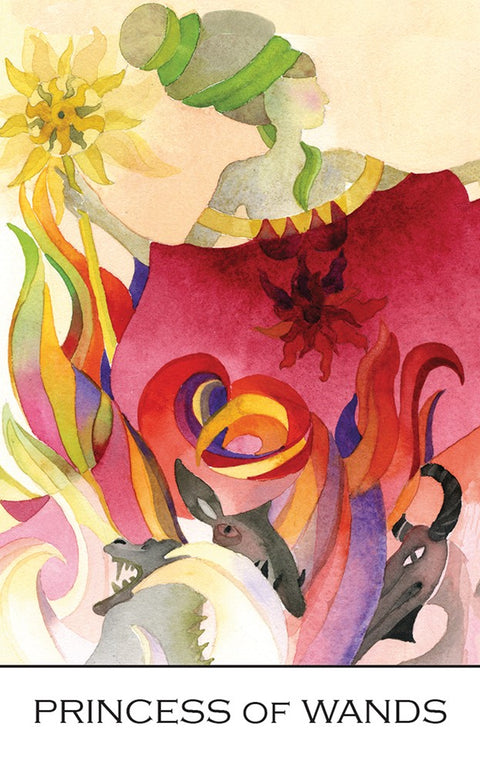 Tarot korta Princess of Wands, akvarelinė iliustracija su ryškiai raudonomis, geltonomis ir žaliomis ugninėmis formomis, variantas su figūra viršuje
