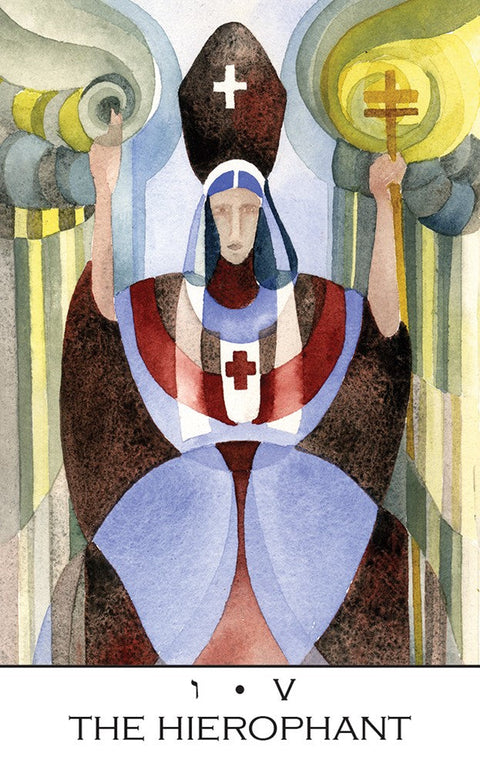 Tarot korta Hierophant, akvarelinė priekinė kortos iliustracija ruda–mėlyna paletė, pilnas rėmas ir pavadinimas apačioje