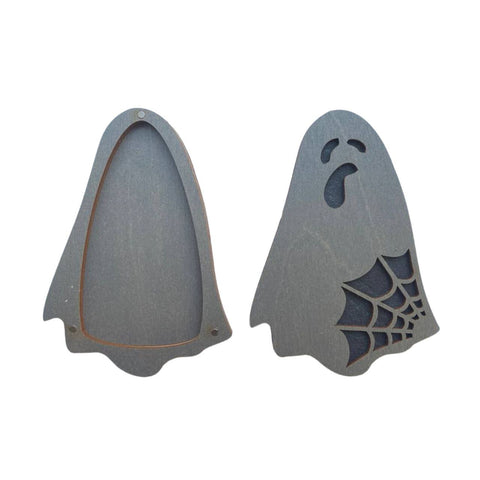 Medinė raktų dėžutė pilka Halloween formos, atverčiama su magnetine skląsčia, išpjautu voratinkliu gale