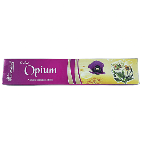 Smilkalai Aromatika Opium, natūralūs, ilga purpurinė‑geltona pakuotė su aguonos ir gėlių piešiniais, priekio vaizdas