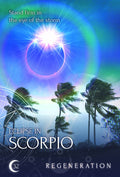 Astrologinė korta Eclipse in Scorpio su mėlyno‑žaliu saulės užtemimo žiedu, vėjo papūstomis palmėmis, numeriu 32 ir užrašu Regeneration