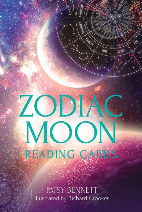 kortų rinkinys Zodiac Moon — Patsy Bennett viršelis su rožiniais‑violetiniais kosminiais tonais, mėnuliu ir zodiako ženklais