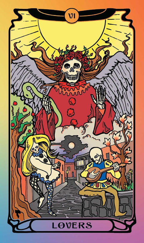Lovers tarot korta su skeletų pora ir rožių vainiku, ryškūs pastelinių gradientų tonai, vertikalus kortos variantas
