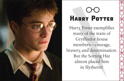 Harry Potter plakatas su artimu veikėjo portretu, akiniais ir Gryffindor raudona kaklaraište, pateikiantis trumpą aprašymą apie jo drąsą ir ryžtą